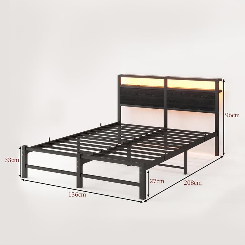 Full Bed Frame with LED Lights & USB Charging - Black