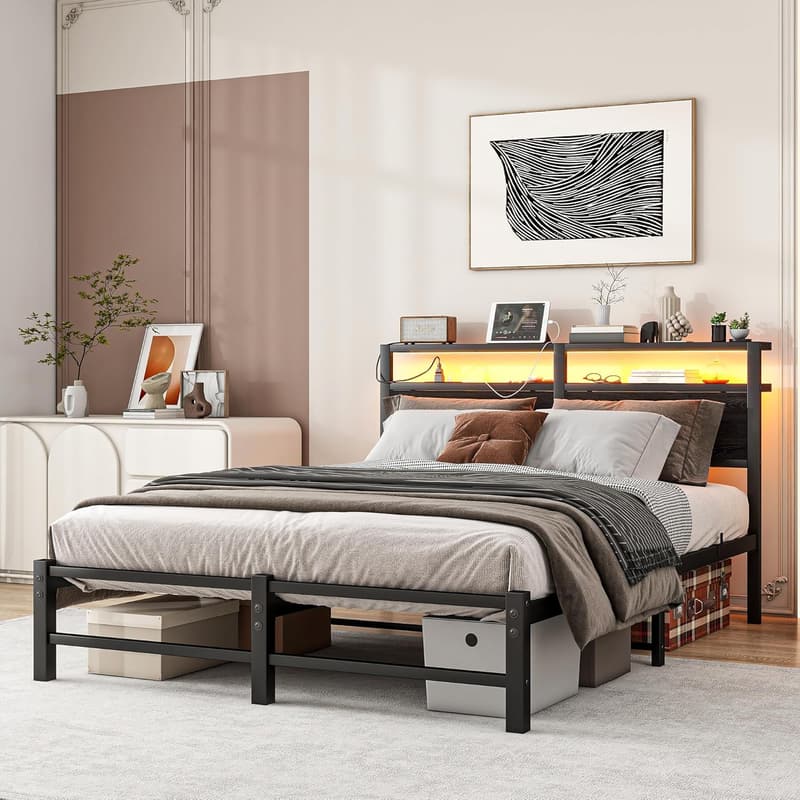 Full Bed Frame with LED Lights & USB Charging - Black