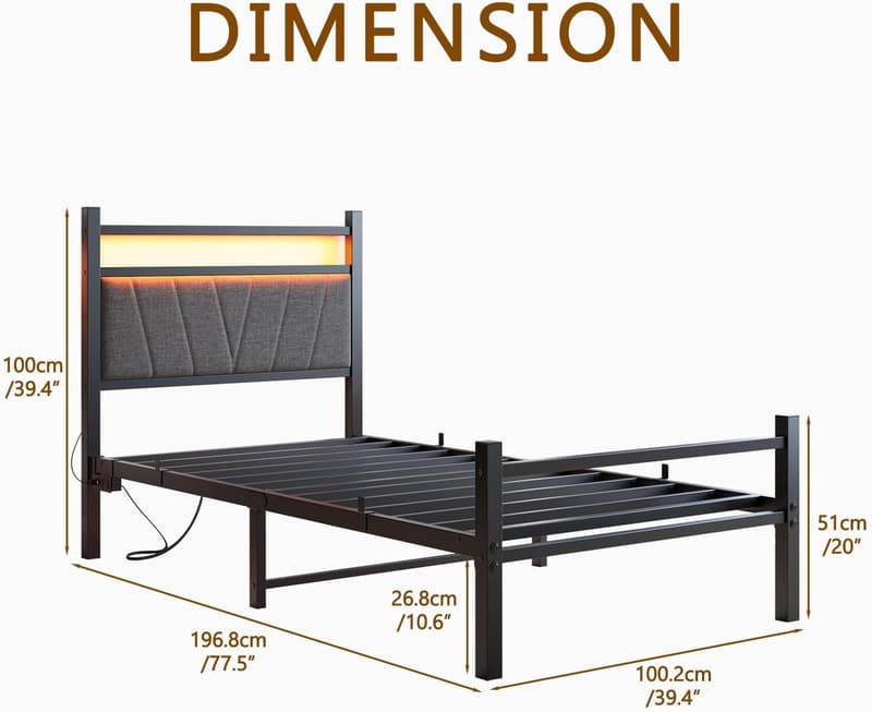 Twin Size Upholstered Bed Frame with LED Lights & USB Charging