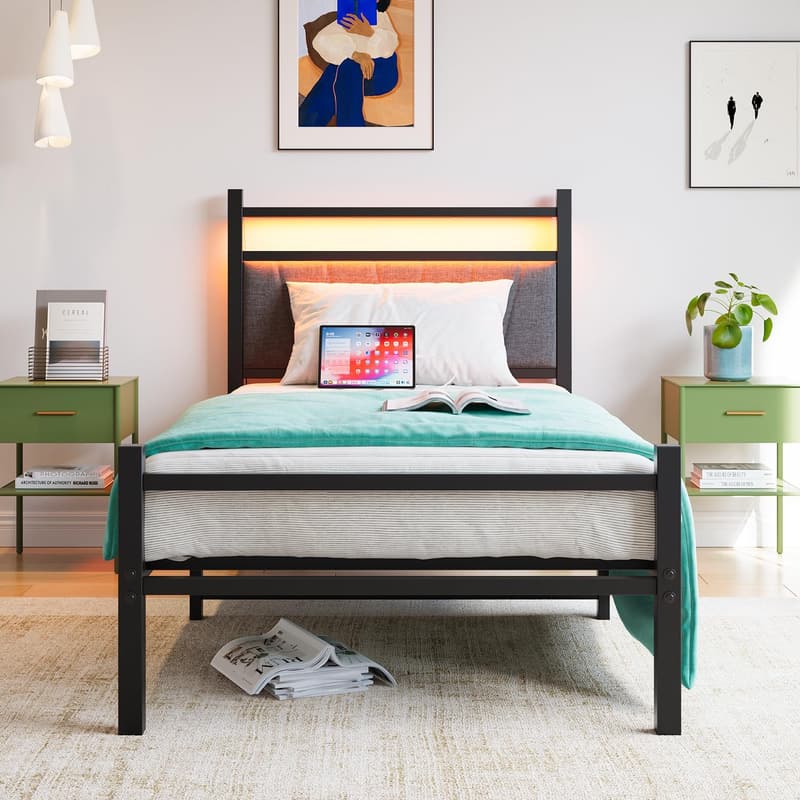 Twin Size Upholstered Bed Frame with LED Lights & USB Charging
