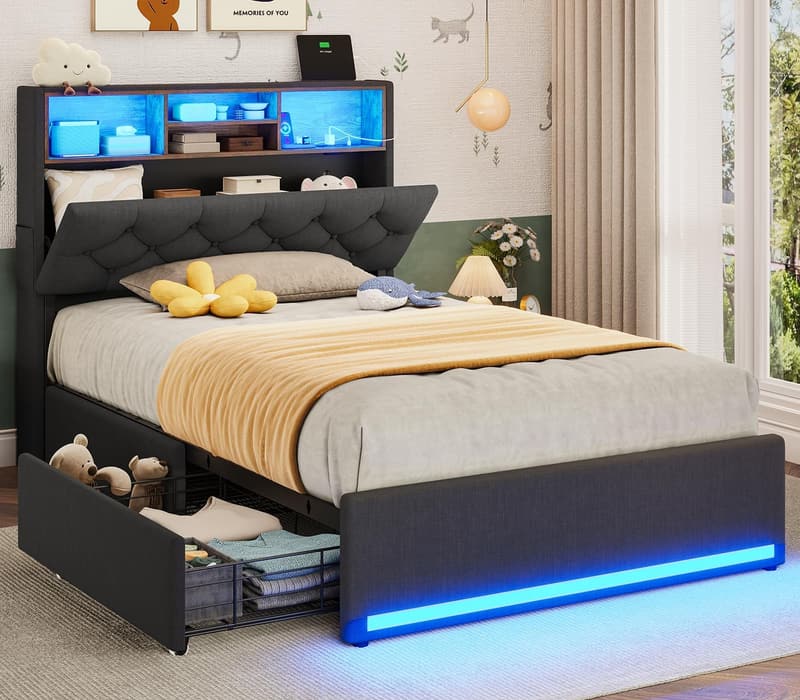 LED Twin Bed Frame with Storage, Upholstered & Metal, Dark Grey