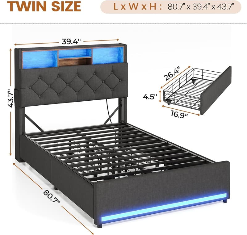 LED Twin Bed Frame with Storage, Upholstered & Metal, Dark Grey