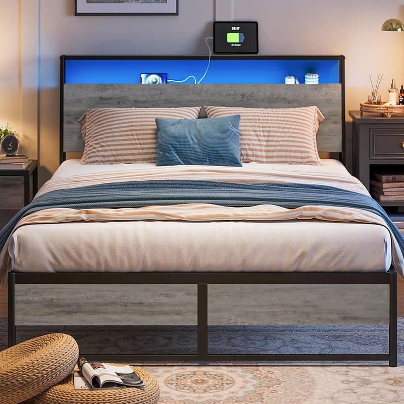 Full Bed Frame with Storage, Ergonomic Headboard & USB Outputs