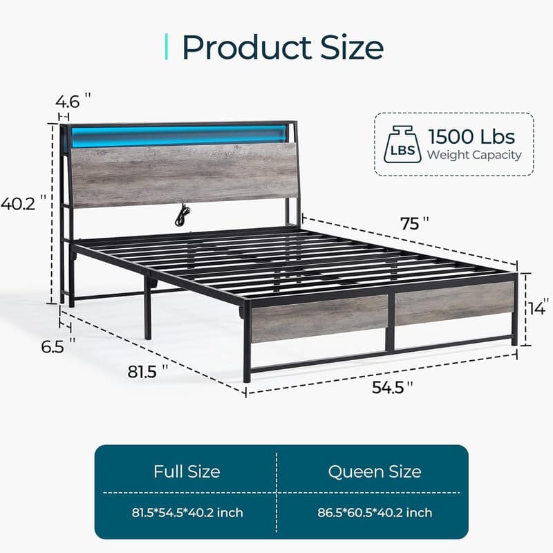 Full Bed Frame with Storage, Ergonomic Headboard & USB Outputs