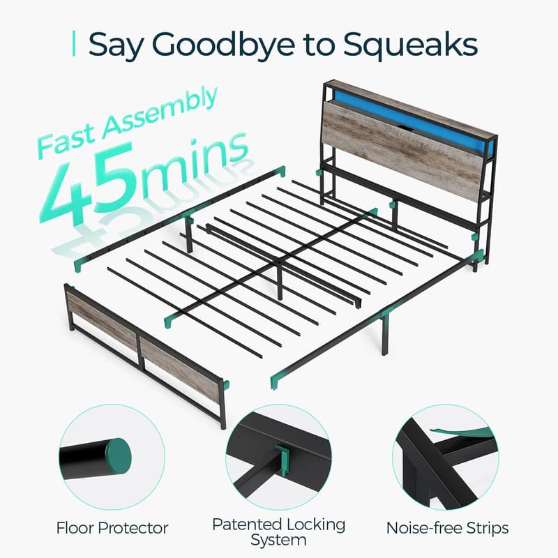 Full Bed Frame with Storage, Ergonomic Headboard & USB Outputs