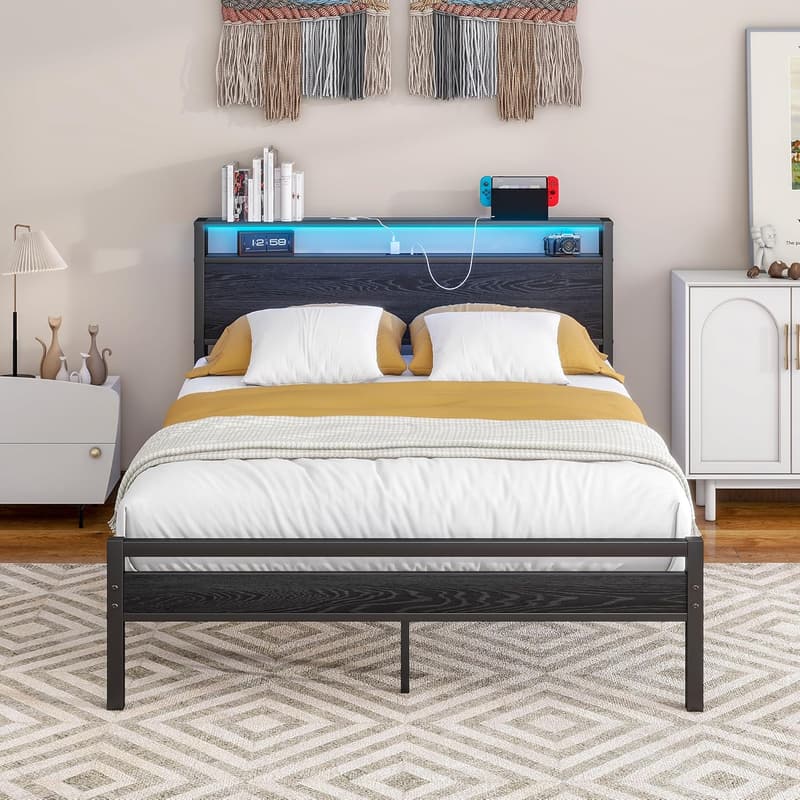 Full Size Metal Bed Frame with Storage Headboard & LED Lights