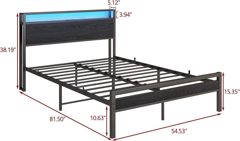 Full Size Metal Bed Frame with Storage Headboard & LED Lights