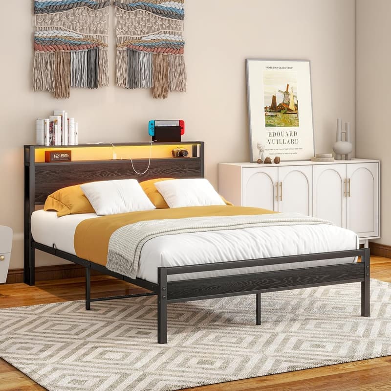 Full Size Metal Bed Frame with Storage Headboard & LED Lights