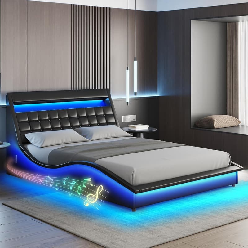 Modern Black Queen Size LED Bed Frame with Bluetooth Speaker