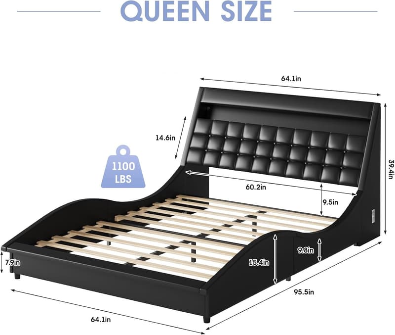 Modern Black Queen Size LED Bed Frame with Bluetooth Speaker