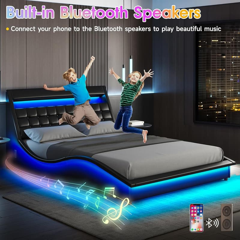 Modern Black Queen Size LED Bed Frame with Bluetooth Speaker
