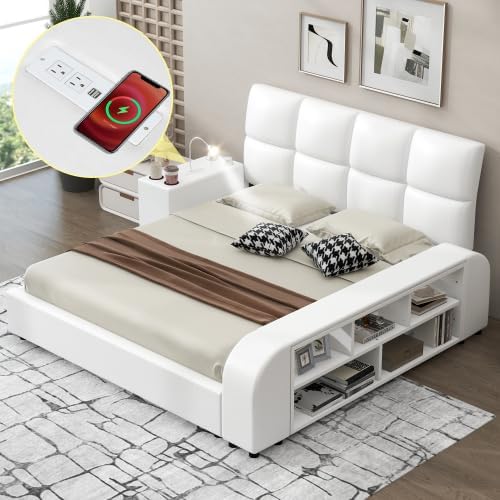 Upholstered Queen Platform Bed with Bluetooth Speakers & USB Charging