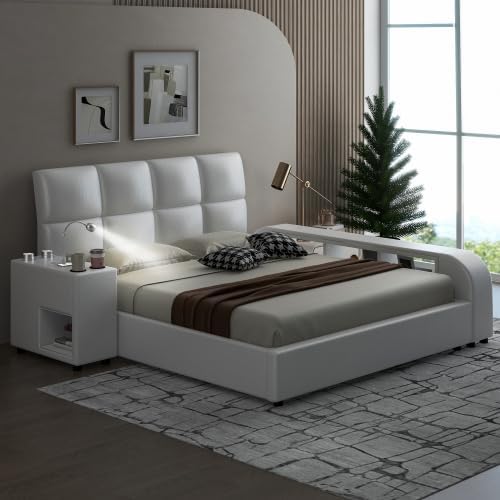 Upholstered Queen Platform Bed with Bluetooth Speakers & USB Charging