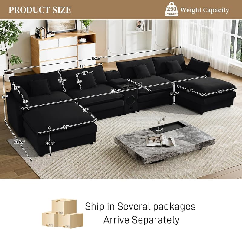 Large Black Cloud Couch Sectional with Console & Bluetooth Ports