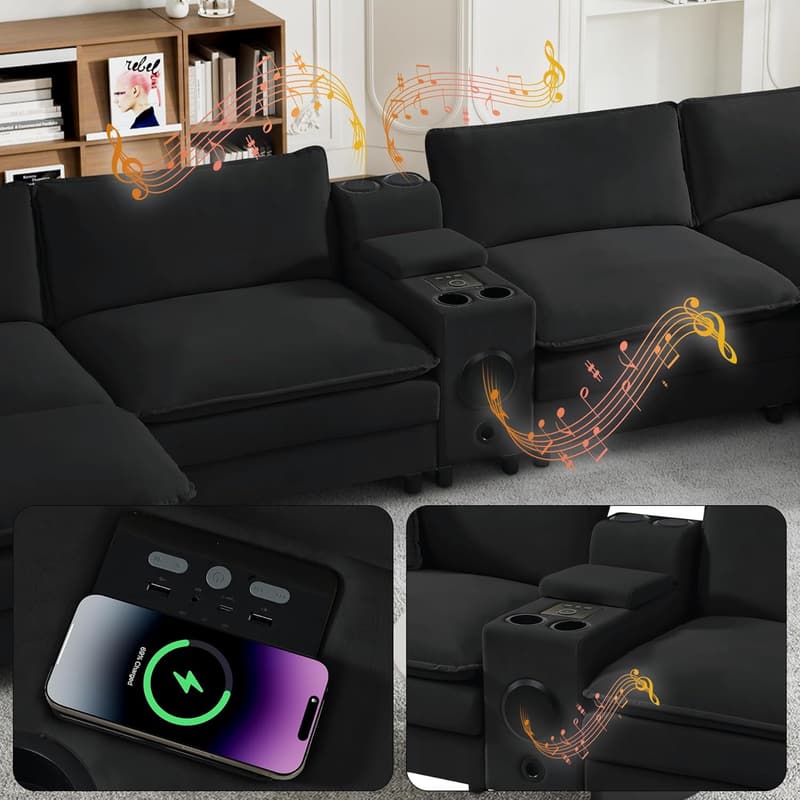 Large Black Cloud Couch Sectional with Console & Bluetooth Ports