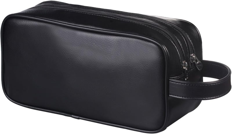 Zipped Travel Toiletry Bag for Men and Women, Black PU Leather
