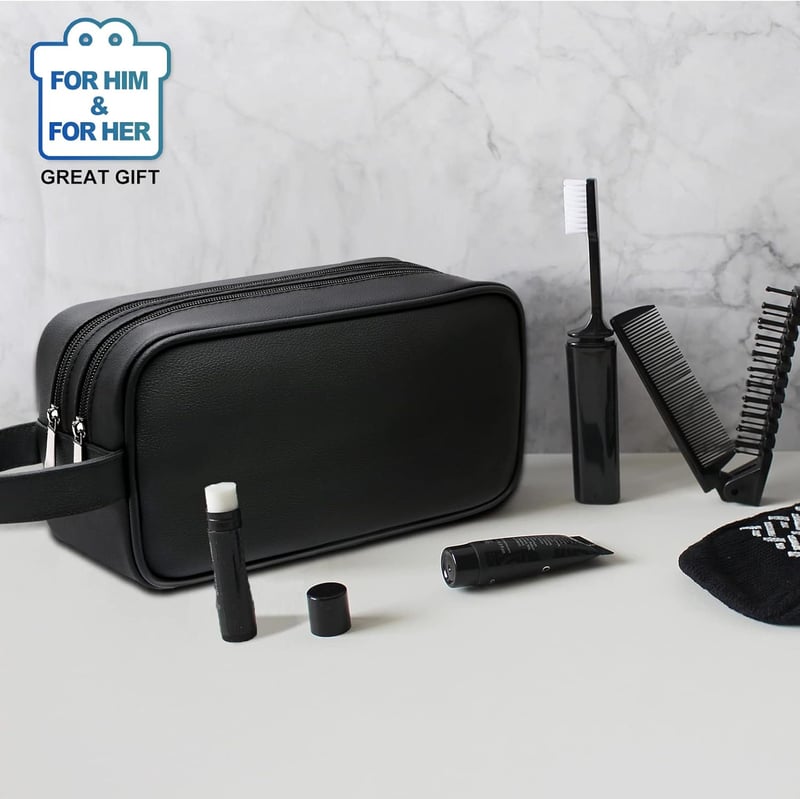 Zipped Travel Toiletry Bag for Men and Women, Black PU Leather