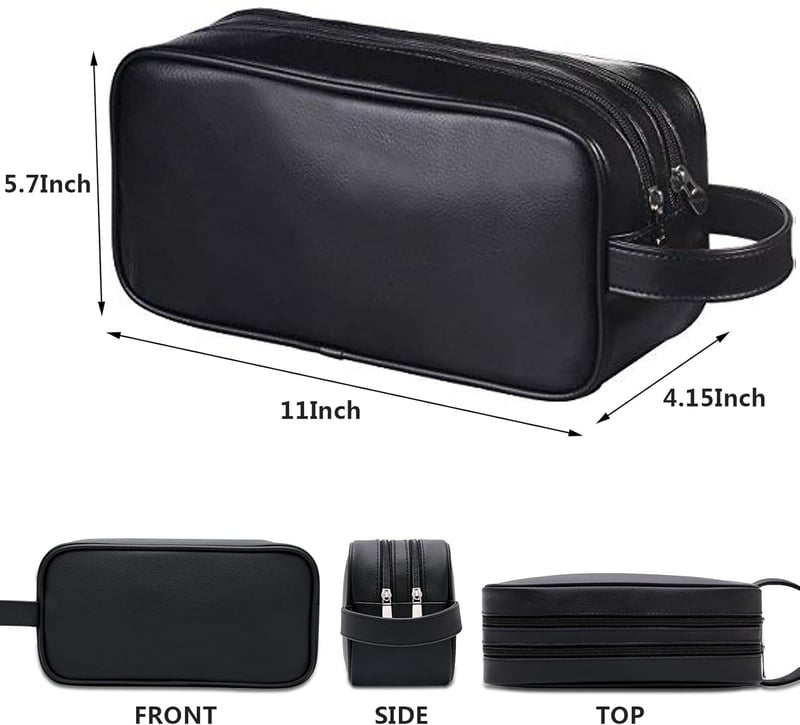 Zipped Travel Toiletry Bag for Men and Women, Black PU Leather