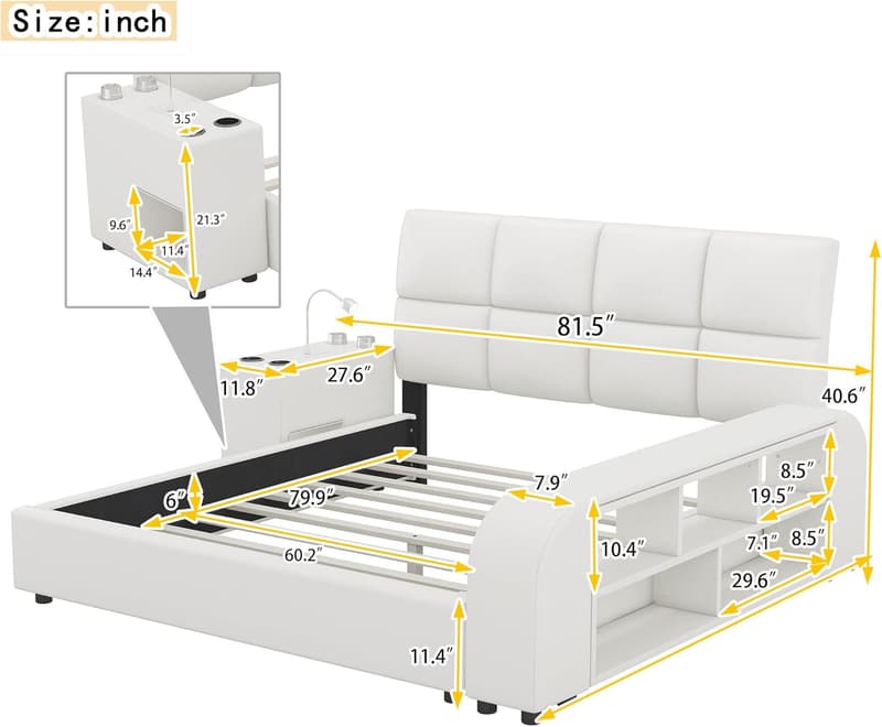 Smart Queen Bed Frame with Storage, Speaker, and Wireless Charger