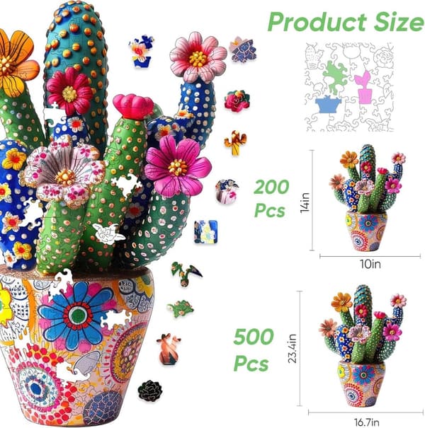 Cactus Flower Wooden Puzzle - 200 Unique Shapes, Family Game