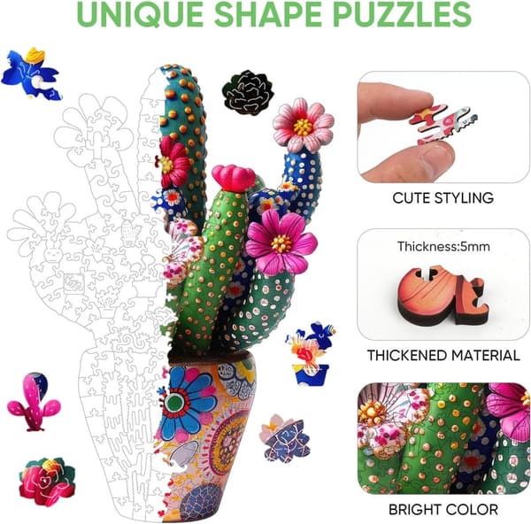 Cactus Flower Wooden Puzzle - 200 Unique Shapes, Family Game