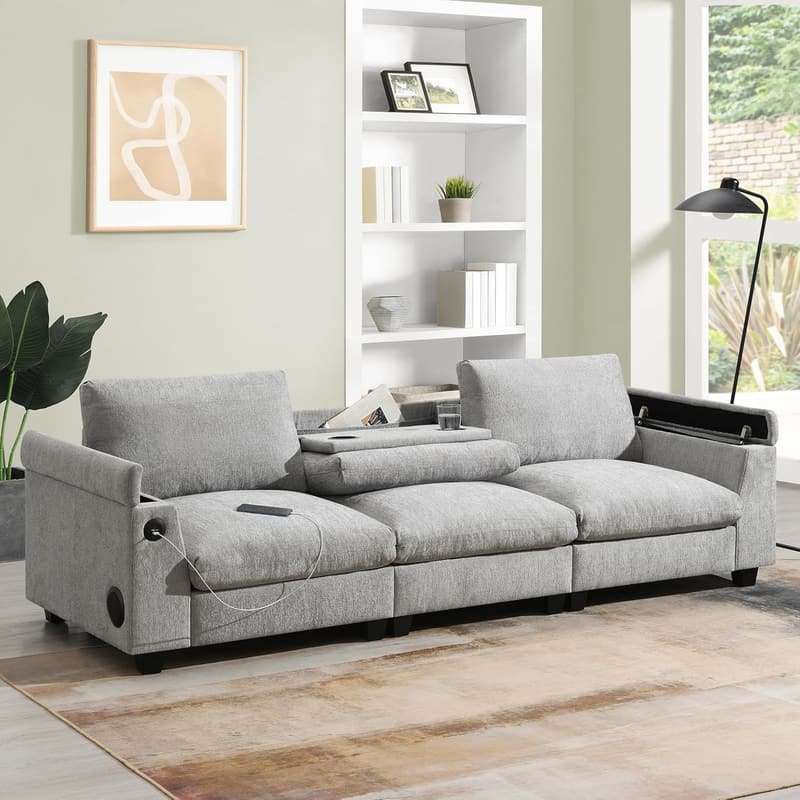 Comfy Chenille Sectional Sofa with Bluetooth Speakers & USB Charger