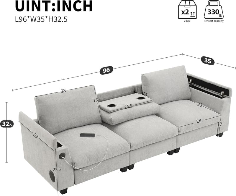 Comfy Chenille Sectional Sofa with Bluetooth Speakers & USB Charger