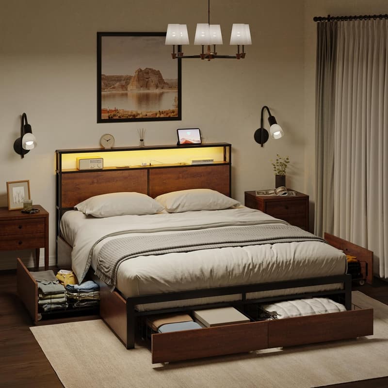 King Bed Frame with Storage & LED Lights - No Box Spring Needed