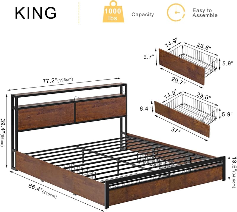King Bed Frame with Storage & LED Lights - No Box Spring Needed