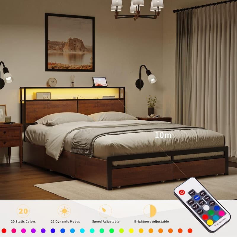 King Bed Frame with Storage & LED Lights - No Box Spring Needed