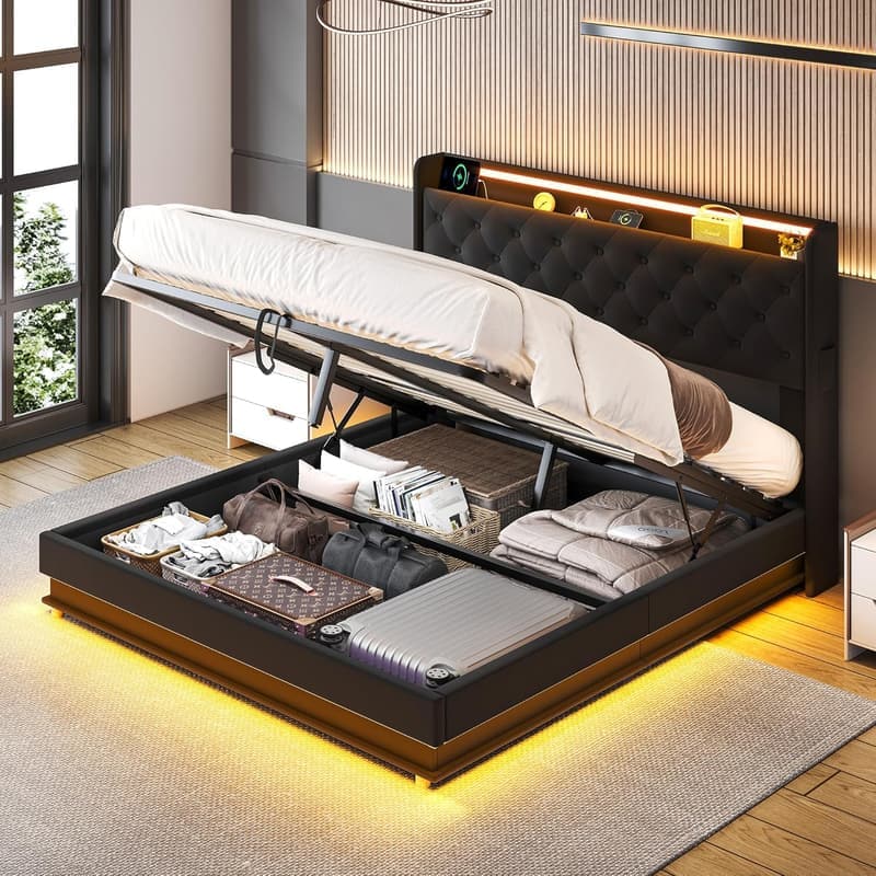 Queen Size Upholstered Storage Bed Frame with Charging Station & LED