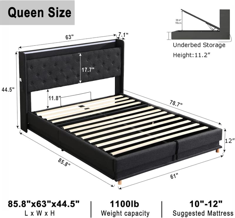 Queen Size Upholstered Storage Bed Frame with Charging Station & LED