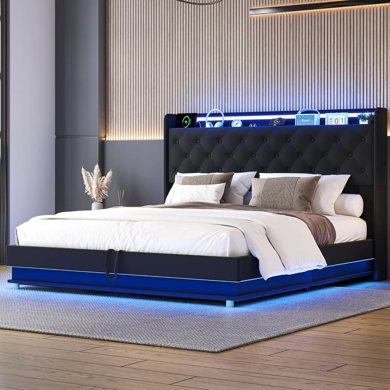 Queen Size Upholstered Storage Bed Frame with Charging Station & LED