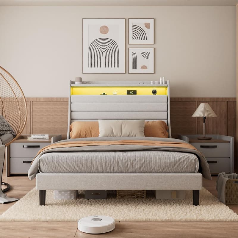 Full Size Platform Bed with LED Light and Charging Station