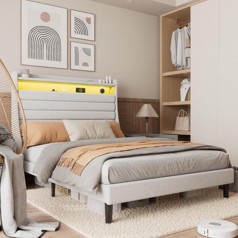 Full Size Platform Bed with LED Light and Charging Station