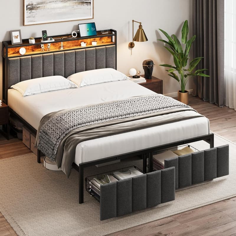 Upholstered Full Bed Frame with LED Headboard and Storage