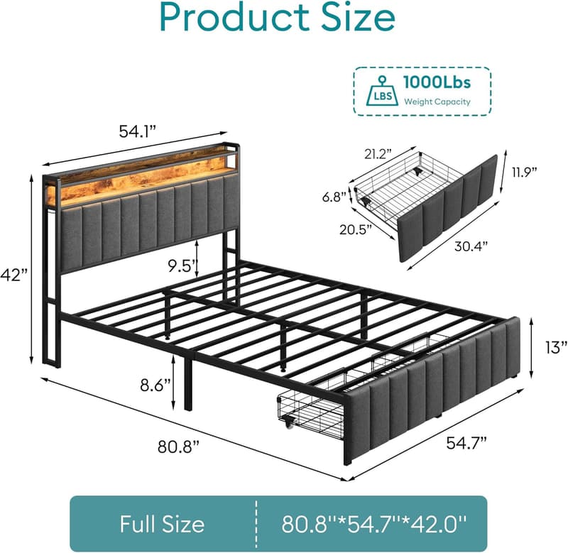 Upholstered Full Bed Frame with LED Headboard and Storage