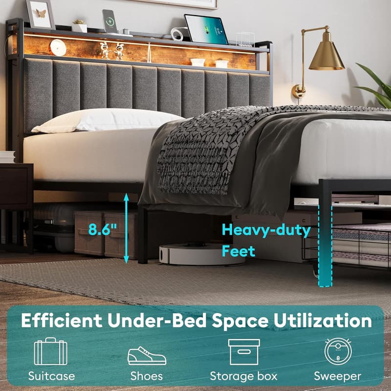 Upholstered Full Bed Frame with LED Headboard and Storage