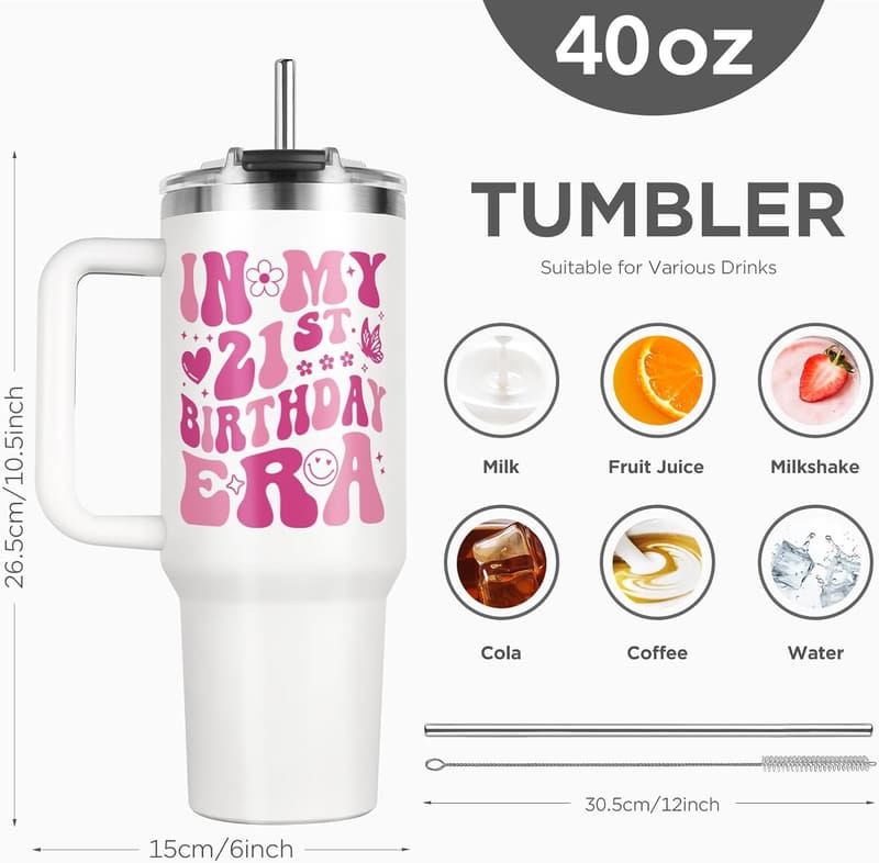 21st Birthday Insulated Tumbler Gift for Women, 40 oz