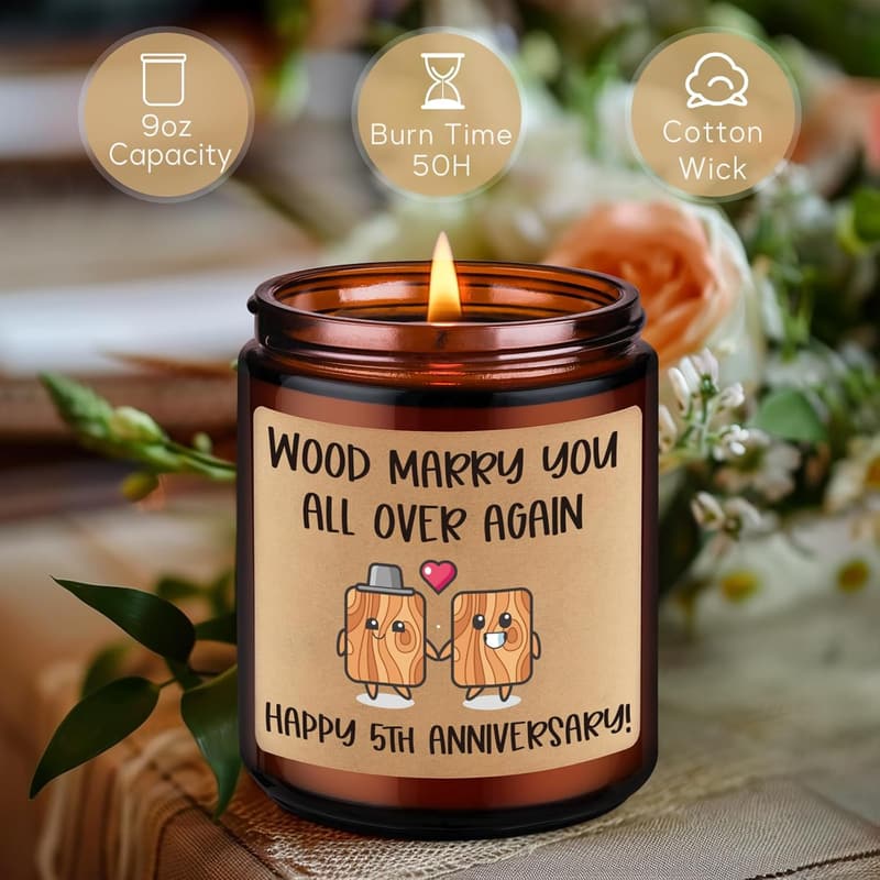 5th Anniversary Wood Candle for Couples