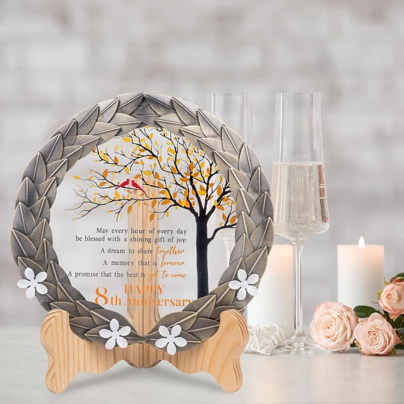 8th Anniversary Crystal Plate with Bronze Leaf Wreath