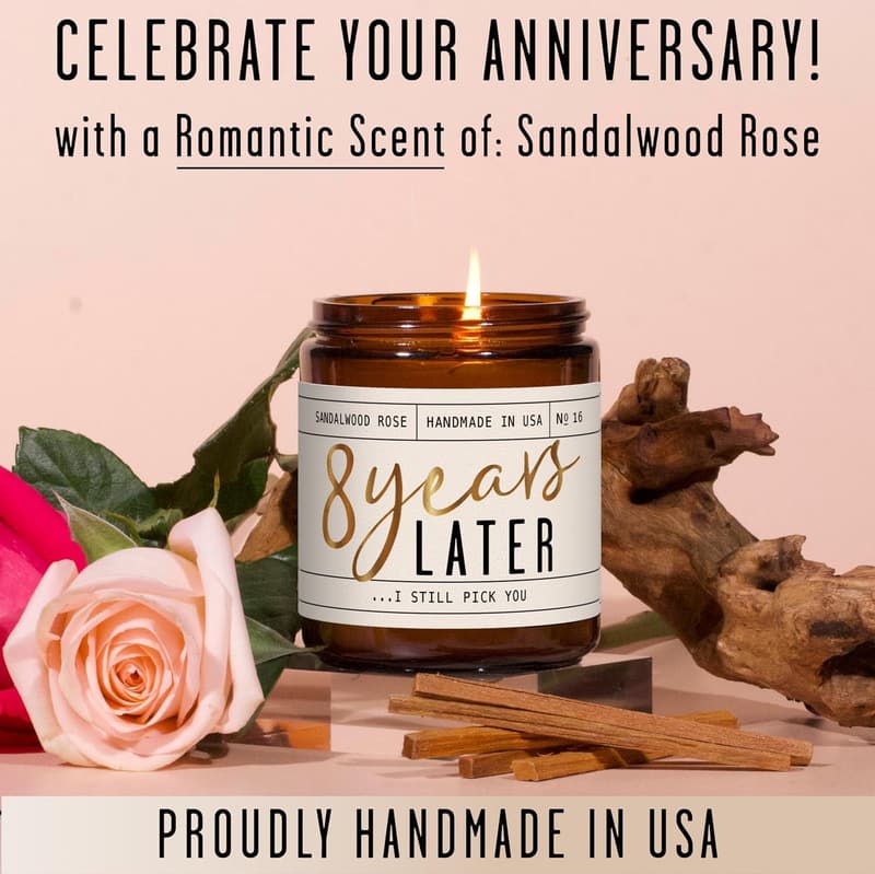 8th Anniversary Sandalwood Rose Candle with Essential Oils