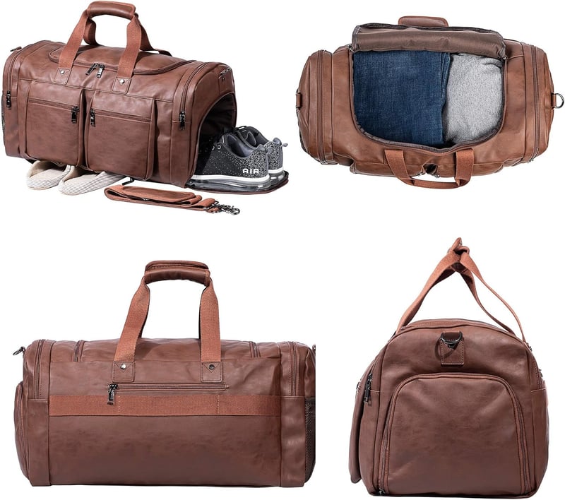 Waterproof Leather Weekender Tote Bag with Shoe Pouch