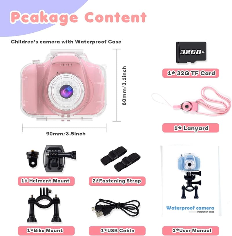 Kids' Waterproof Action Camera for Girls (Ages 3-12) - Pink