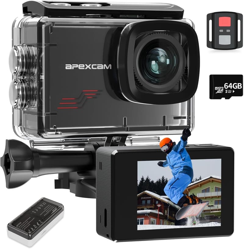 4K Apexcam Action Camera with 64GB Card & 40M Waterproof Design