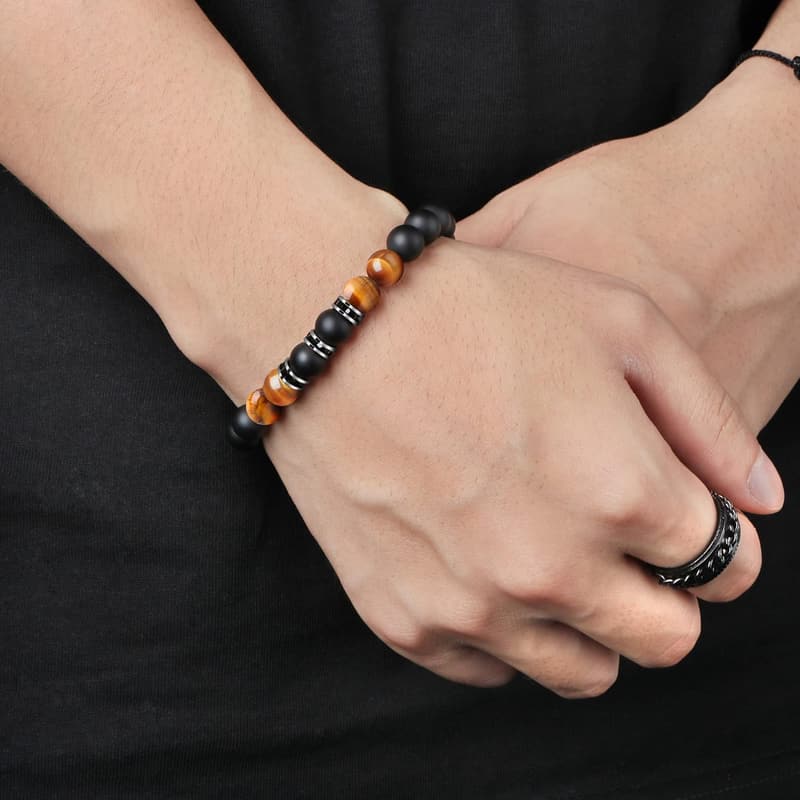 Father's Day Men's Tiger Eye & Matte Agate Bracelet