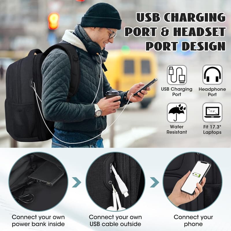 Water-Resistant Travel Laptop Backpack with USB Charging - 17 Inch