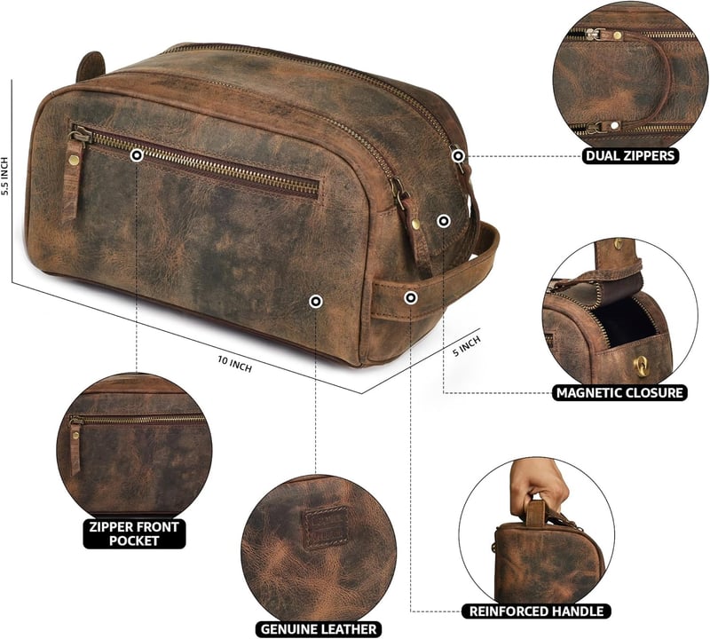 King-Size Leather Toiletry Travel Pouch with Waterproof Lining