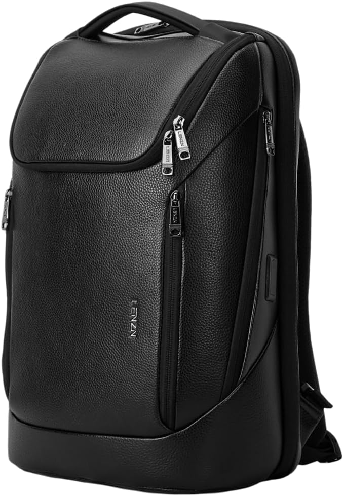 Premium Leather Laptop Backpack with USB Port - Water-Resistant, 15.6 Inch