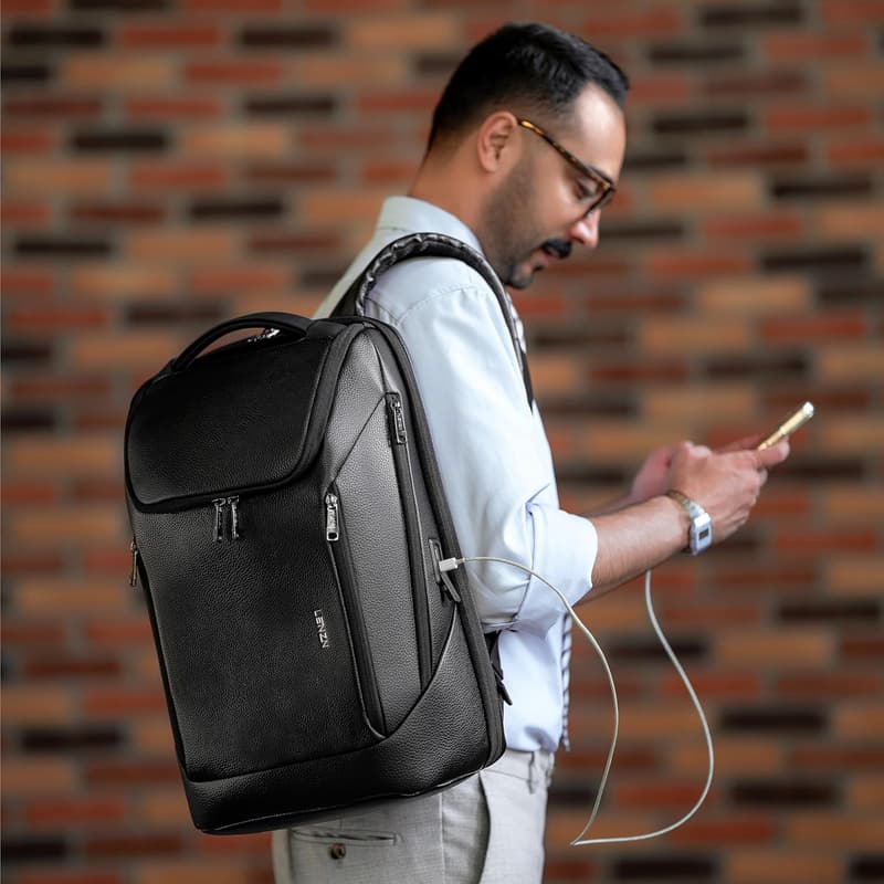 Premium Leather Laptop Backpack with USB Port - Water-Resistant, 15.6 Inch